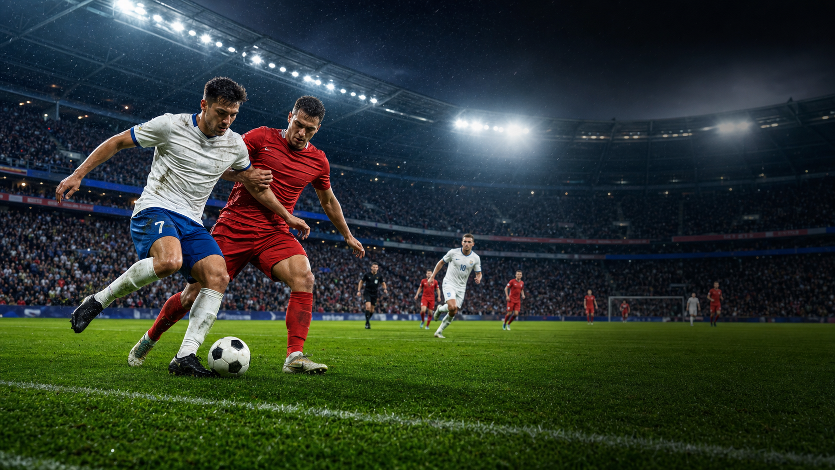 Partida de futebol ao vivo em estádio lotado